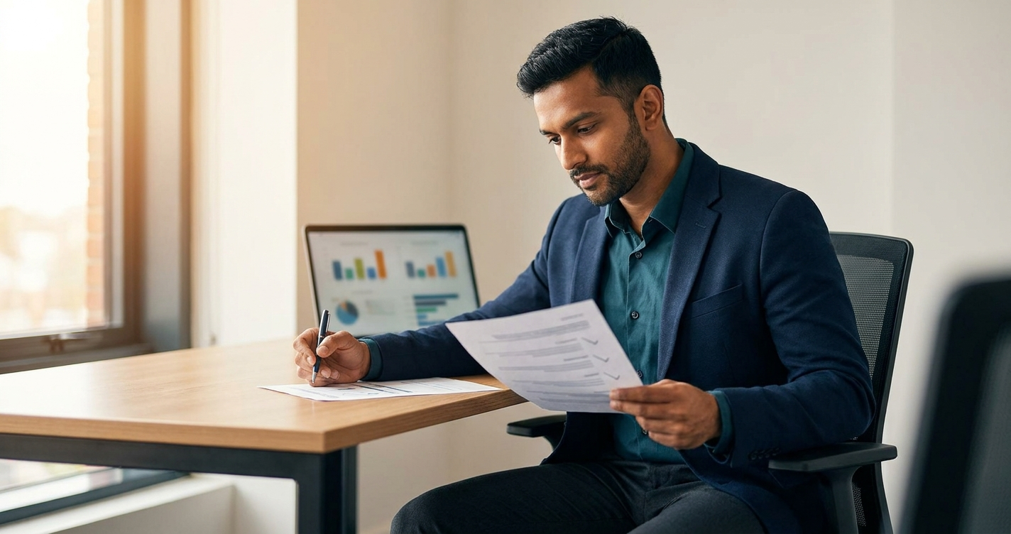 Business owner reviewing checklist to choose a digital marketing agency in Surat