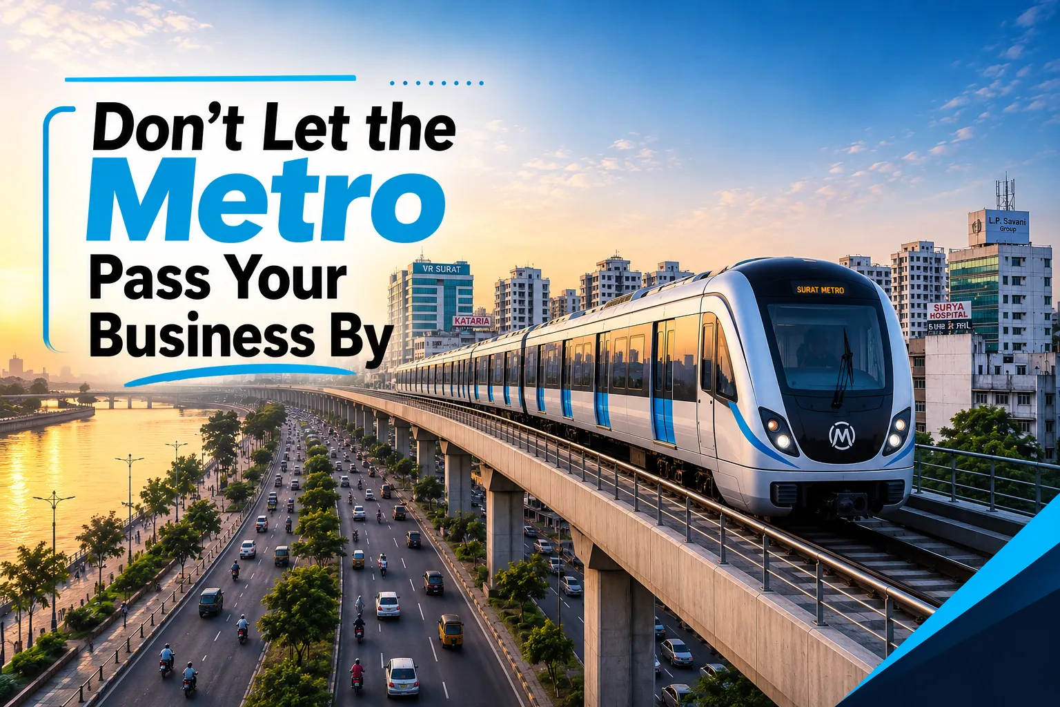 Surat Metro train with city skyline - local SEO for businesses in Surat