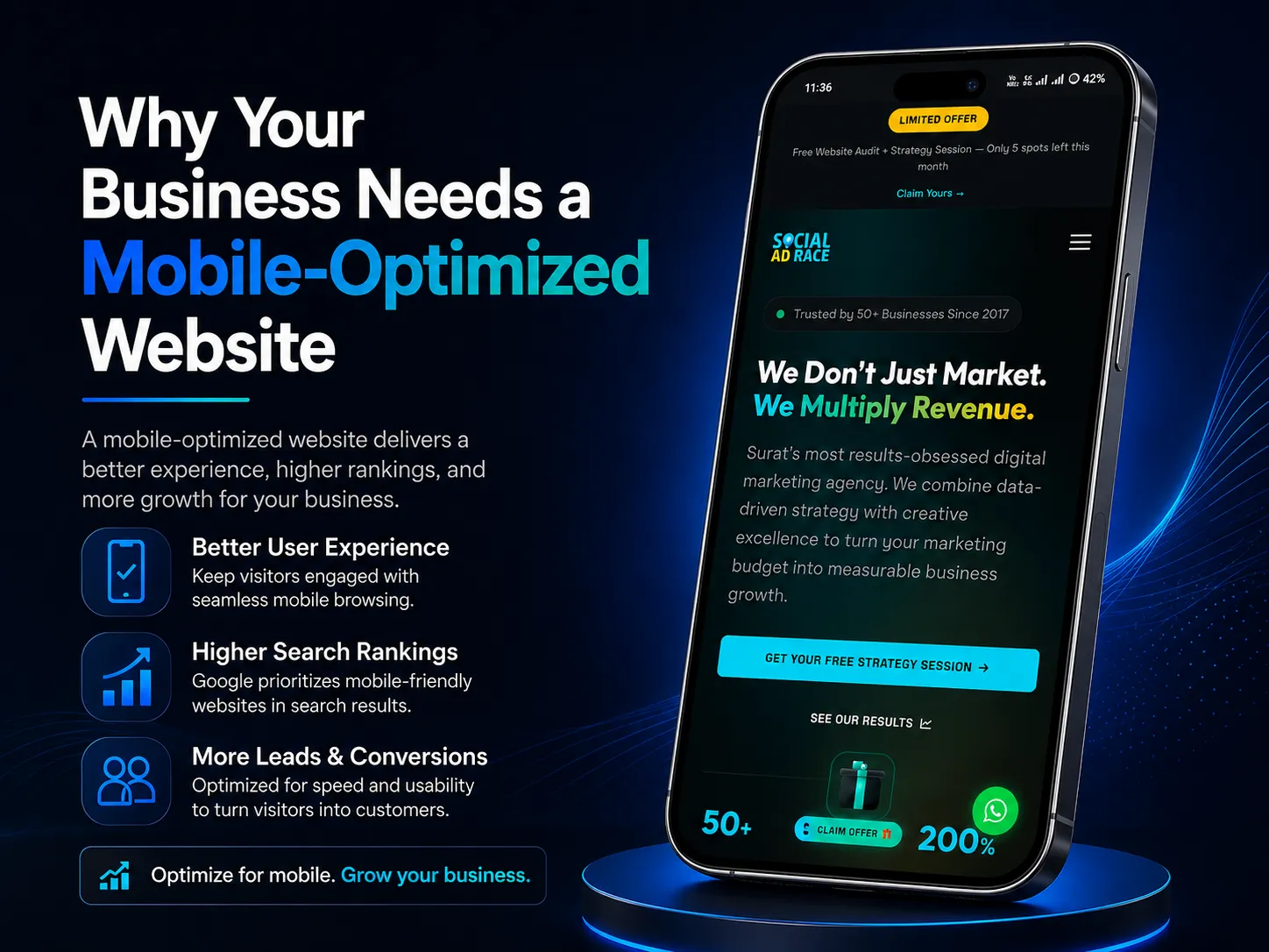Mobile-optimized website design shown on a smartphone screen for a business