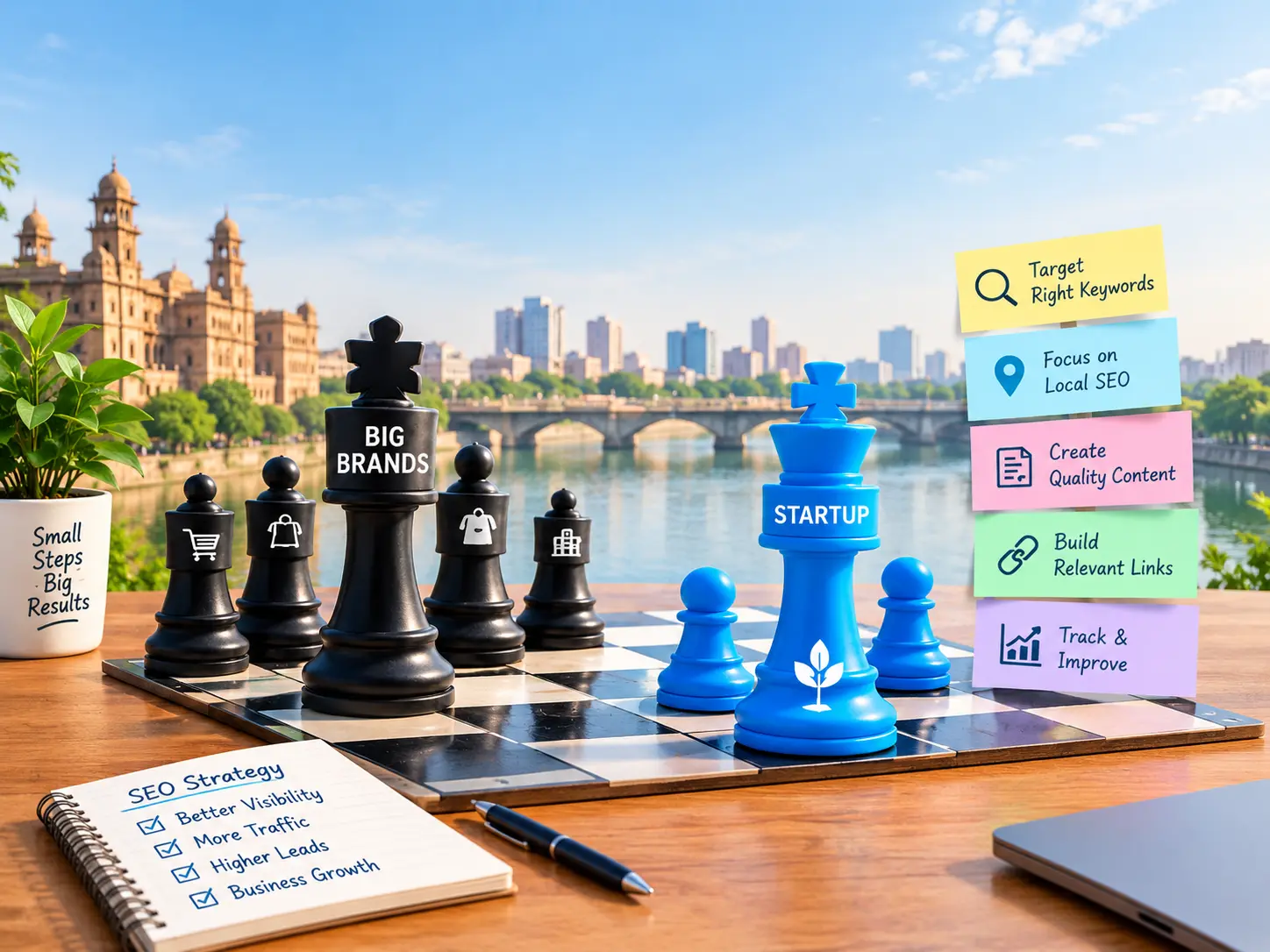 Chess pieces showing a startup king facing big brands, with SEO tips for Ahmedabad startups on sticky notes