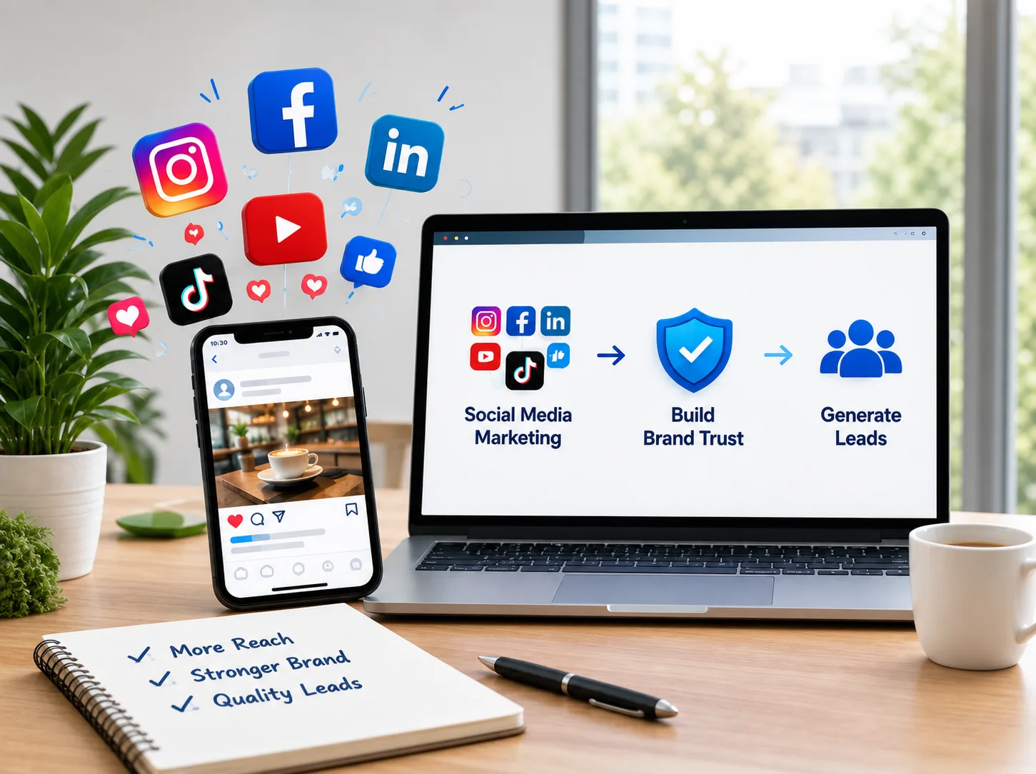 Social media marketing service workflow showing brand trust building into lead generation